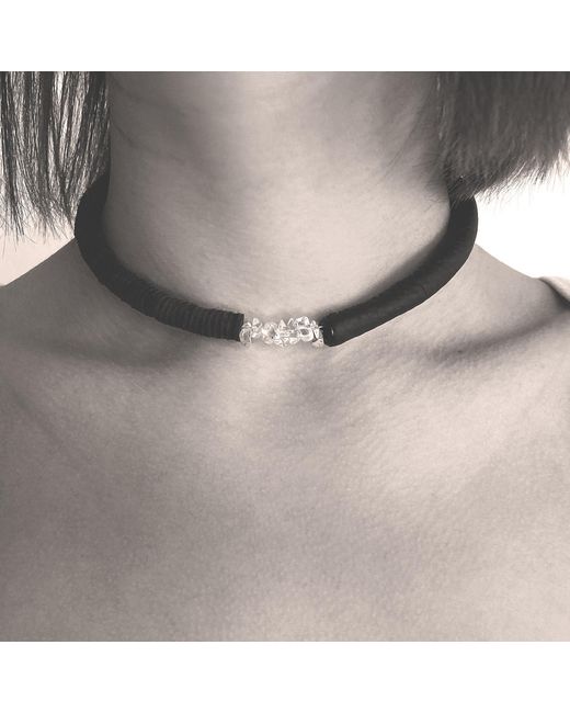 WAIWAI Black Leather Choker With Clear Quartz Crystals