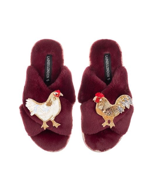 Laines London Red Classic Laines Slippers With Chicken & Rooster Brooches -Limited Edition Burgundy