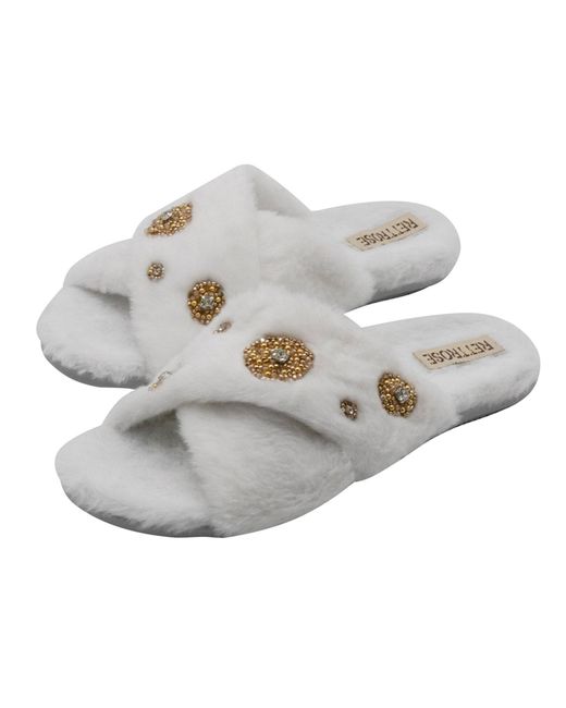 Rettrose Metallic Neutrals Juliette Cream Luxury Plush Diamanté Embellished Handmade Slipper