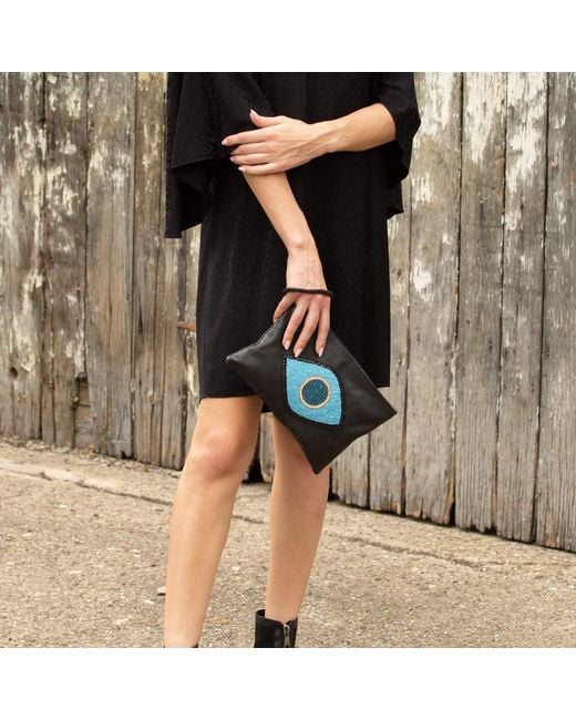 Sidney Byron Blue Leather Bag With Lucky Eye Beading