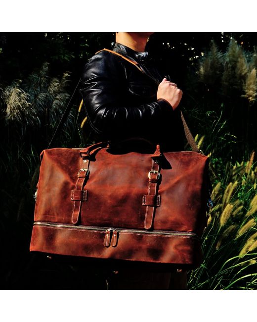 Touri Brown Leather Weekend Bag With Suit Compartment Weekender for men