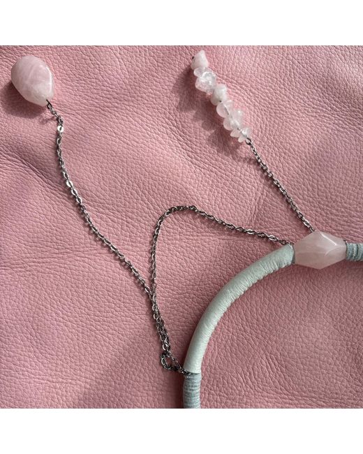 WAIWAI White Leather Choker With Rose Quartz And Chain Detail