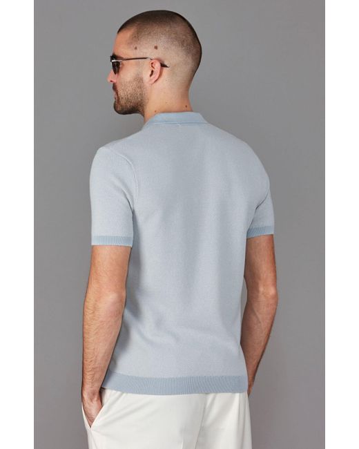 Paul James Knitwear Blue Lightweight Cotton Pietro Two Tone Textured Polo Shirt for men
