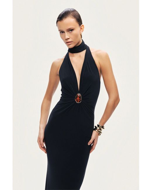 Nocturne Black Halter-Neck Draped Maxi Dress