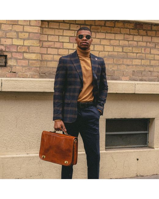 Time Resistance Brown Leather Briefcase Laptop Bag for men
