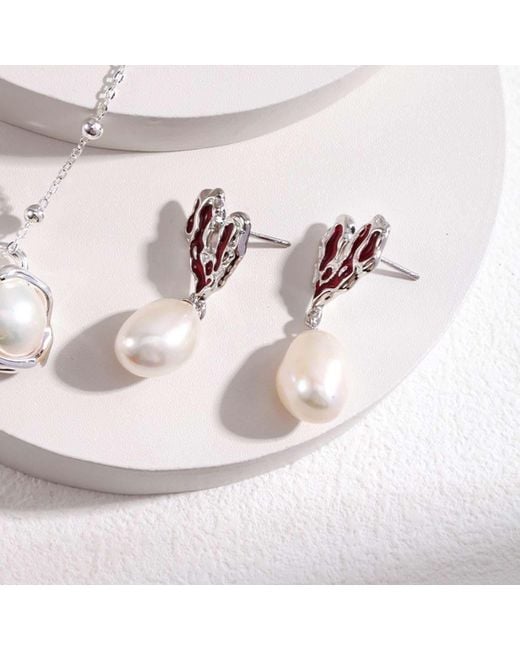 Angel Barocco Red Heart Drip Glaze Large Pearl Earrings