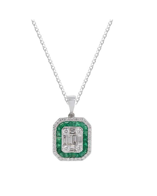 Artisan Metallic Natural Emerald & Baguette Diamond 18k White Gold Octagon Pendant