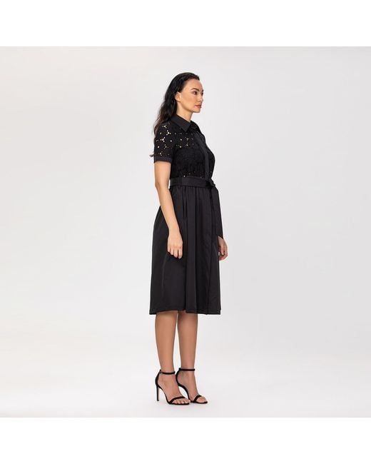 Smart and Joy Gray Lace And Cotton Shirt Dress With Belt
