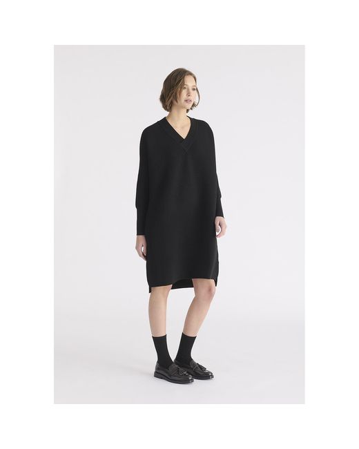 Paisie Black V-Neck Ribbed Jumper Dress