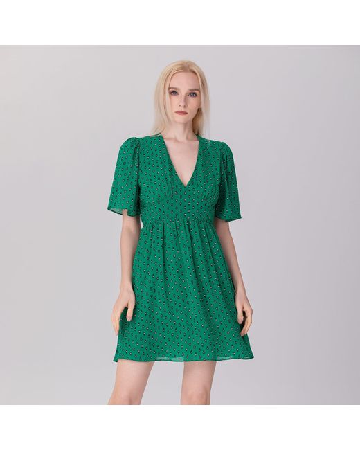 Smart and Joy Green Fit-And-Flare Triangle Waistband Printed Dress