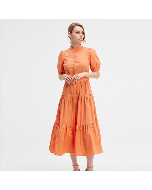 Smart and Joy Orange Cotton Shirt Dress With Added Belt