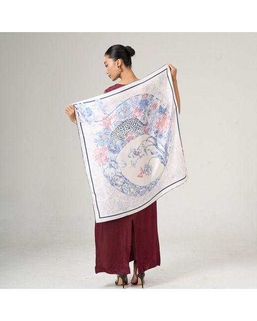Silk and Bears Blue Leopard & Floral Silk Twill Scarf – Printed Mulberry Silk, Gift For Her
