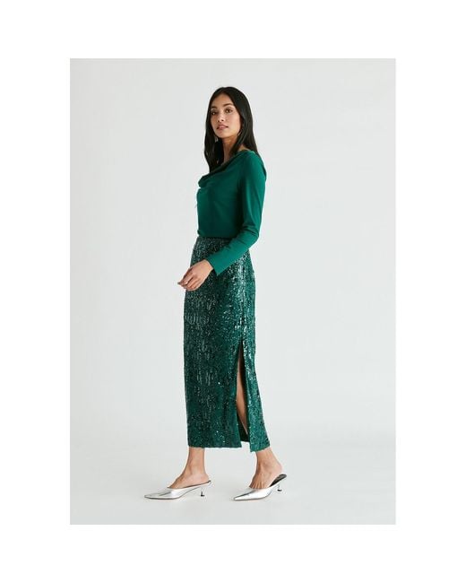 Paisie Green Sequin Midi Skirt With Side Slit