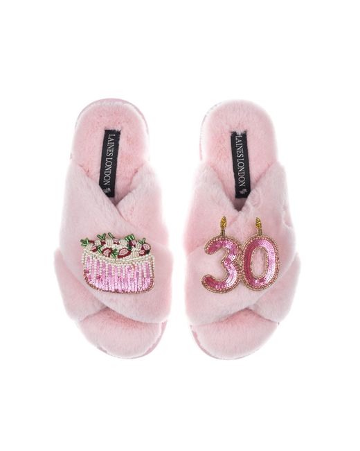 Laines London Pink Classic Laines Slippers With 30th Birthday & Cake Brooches