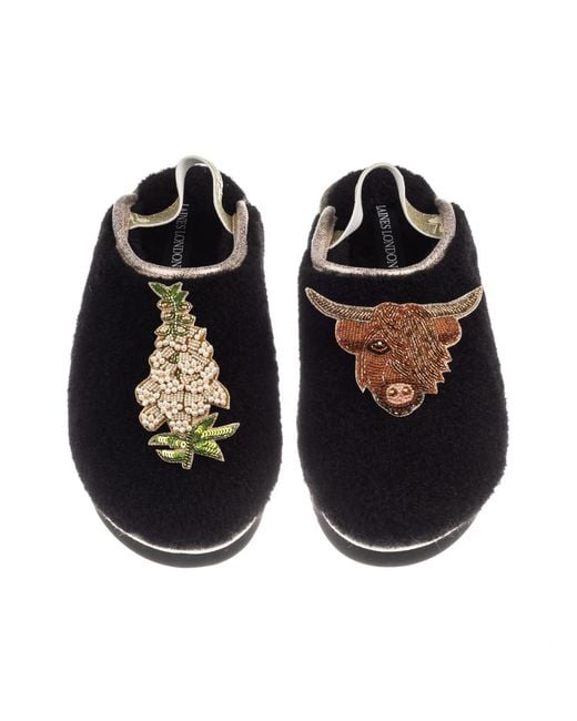 Laines London Black Flatform Cloud Closed Toe Slippers With Highland Cow & Foxglove Flower Brooches