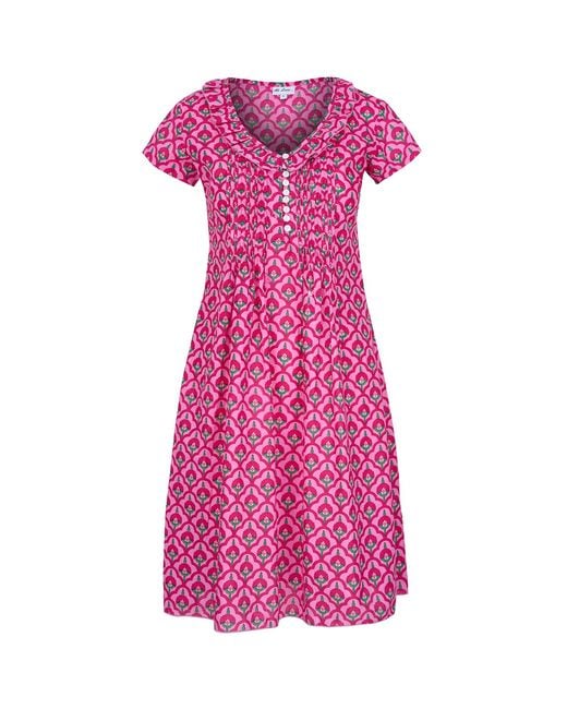 At Last Cotton Karen Short Sleeve Day Dress In Pink & Green Moroccan