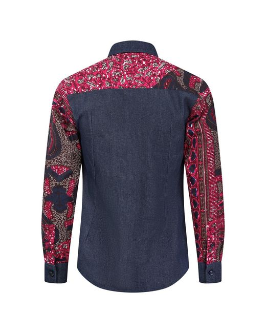 Ohema Ohene Blue Denim & African Print Cotton Shirt – Contrast Panel for men