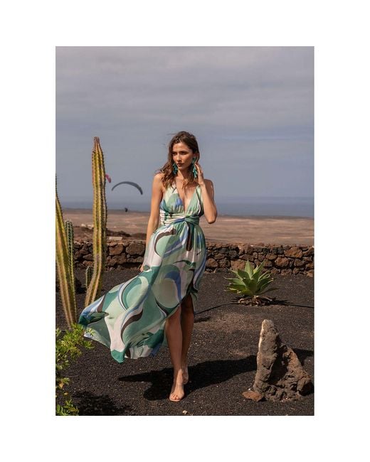 Paisie Green Retro Wave Halter Neck Maxi Dress