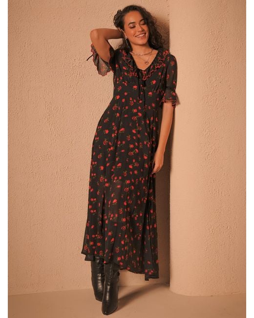 Rose & Nancy Red Toni Rose Print Velvet Tie Maxi Dress