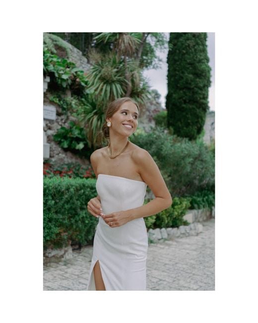 Nomi Fame White Mora Strapless Front Slit Corset Midi Dress