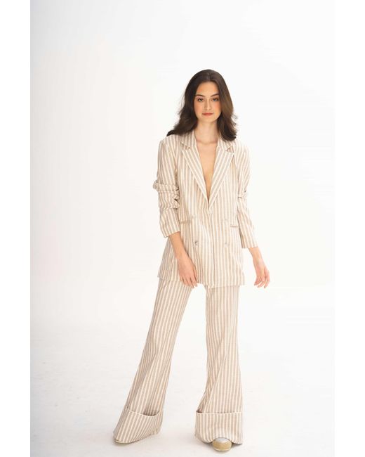 Moov Natural Striped Linen Suit. Blazer With Flared Pants
