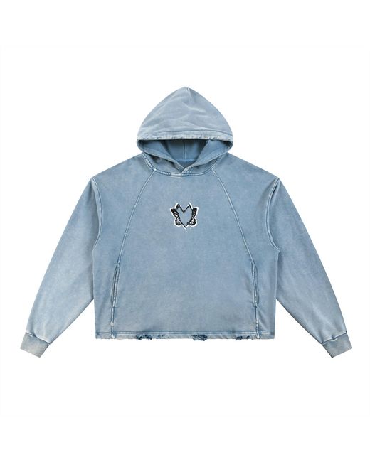X Ilona Blue Blue Heart With Wings Mist Signature Streetware Distressed Hoodie
