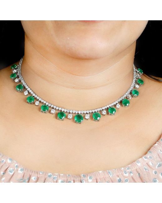 Artisan Green Natural Diamond & Emerald Choker Necklace In 18k White Gold Handmade