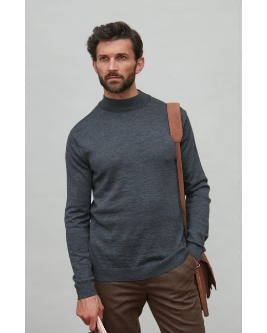 Paul James Knitwear Blue Extra Fine Merino Wool Mock Turtleneck Shaw Jumper for men