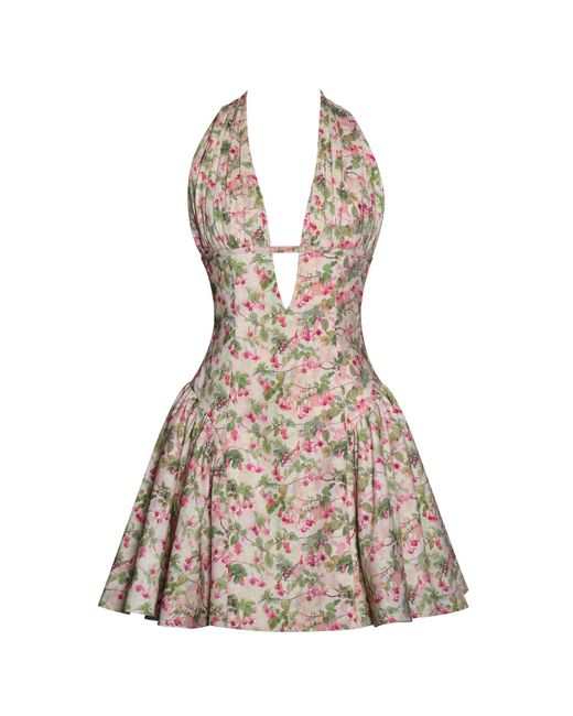 Miss Circle New York Metallic Mackenzie & Floral Print Halter Linen Mini Dress