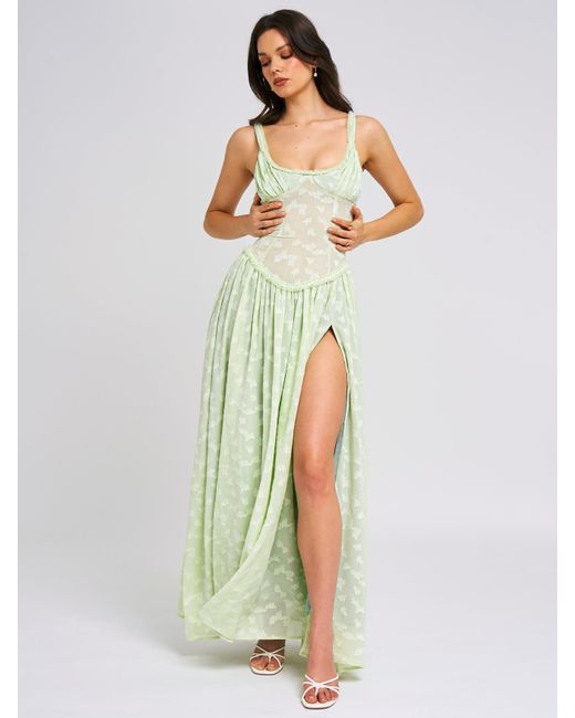 Miss Circle New York White Ulissa Light Square Neck Jacquard Textured High Slit Maxi Dress
