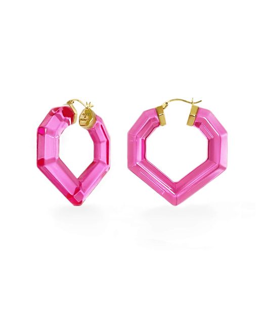 Gold & Honey Pink Heart Gemstone Lucite Hoop Earrings