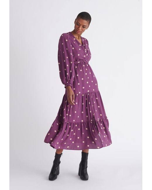 Paisie Purple Tiered Hem Polka Dot Dress