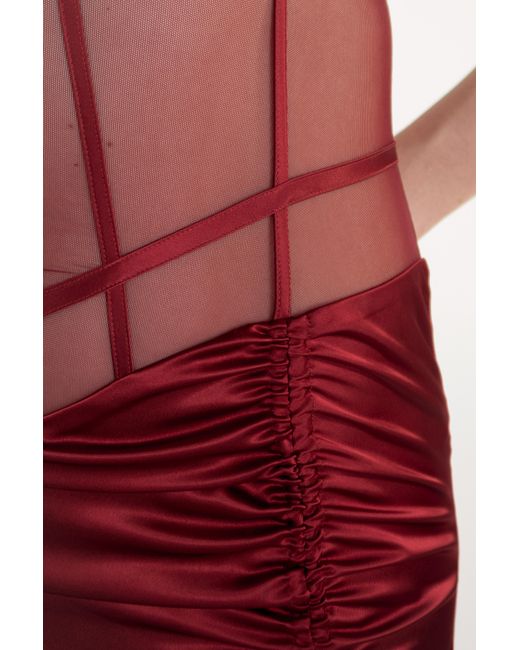 Clerestory Red Amarante Ruched Mesh-Waist Mini Dress