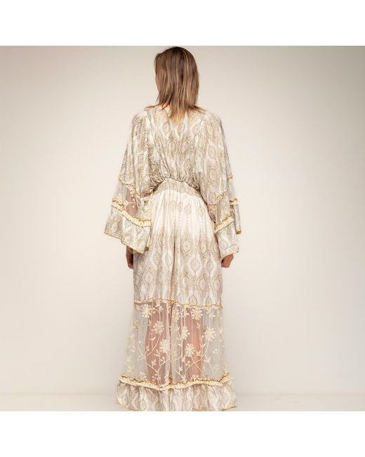 Tantra Spain Sl Natural Neutrals Long Block-Print Dress With Lace And Embroidery And Wide Sleeves Ecru