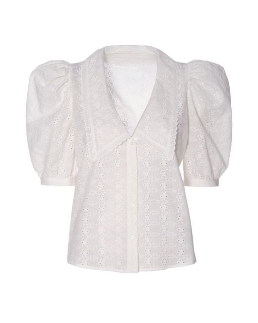 AGGI by HALEWSKI White Manola Cream Puffed Sleeves Embroidered Shirt