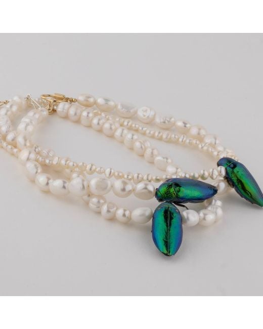 Oana Savu Metallic Beetle Real Insect And Freshwater Pearls Choker