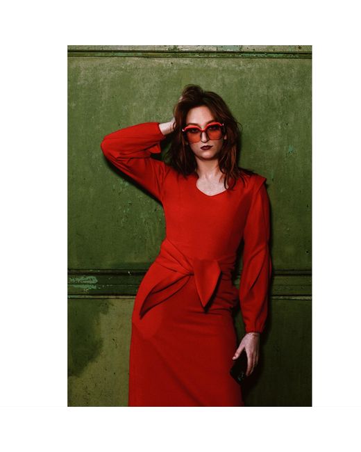 Julia Allert Red Designer Fitted Midi Dress With Belt