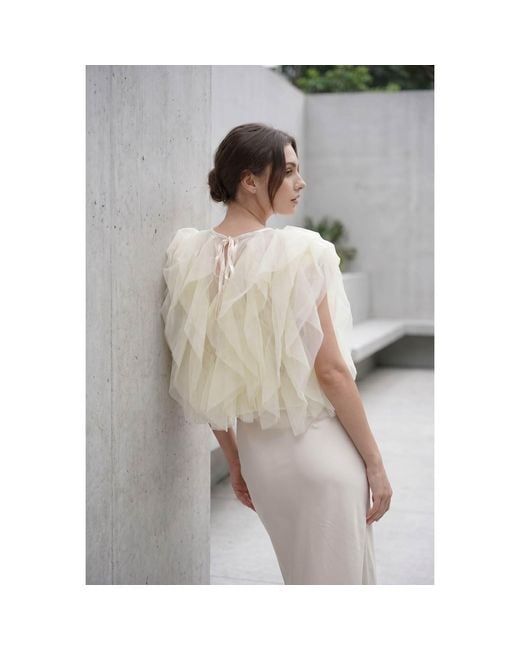 Modenaire Natural Sheer Tulle Blouse Featuring Cascading Ruffles