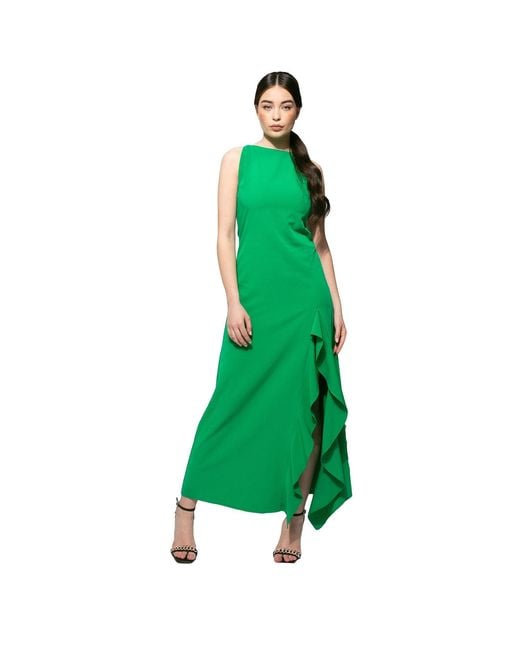 Larisa Dragna Green Long Dress With Delicate Straps And Ruffled Slit