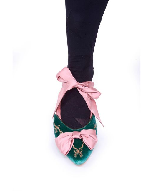 Natalia Petruch Clotilde Velvet Embroidered Flats With Silk Bow & Straps