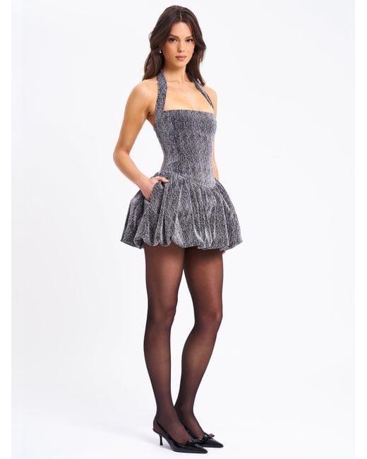 Miss Circle New York Gray Naomie Crystal Embellished Bubble Hem Halter Mini Dress