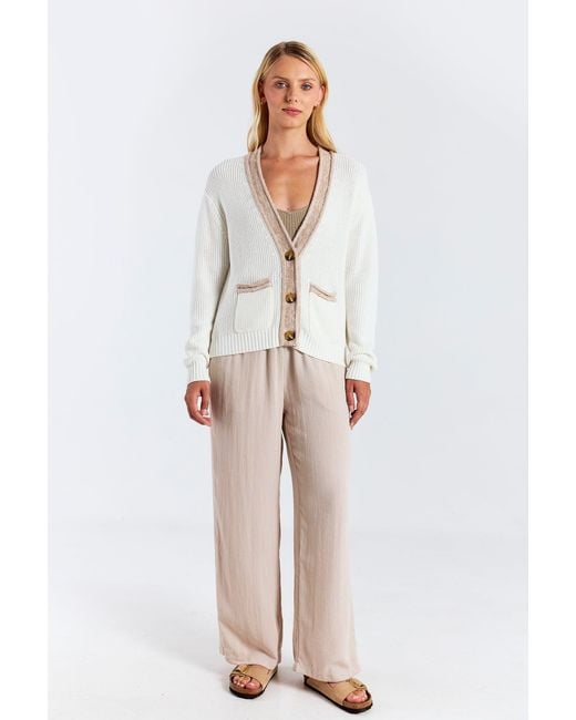 Brodie Cashmere White Contrast Effect Trim Cardigan