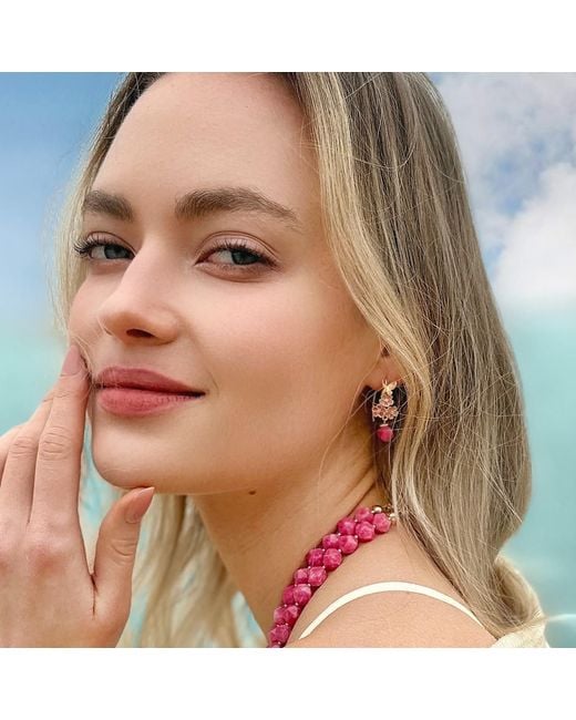 Farra Metallic Glazed Flower With Gemstone Dangle Earrings
