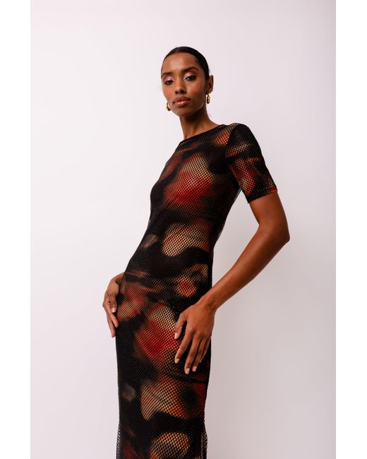 Amy Lynn White Lisbon Rhinestone Embellished Abstract Mesh Midi Dress