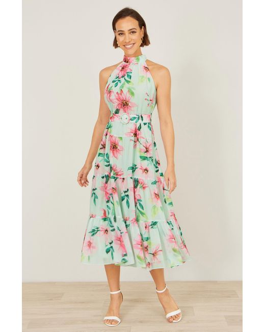 Yumi' White Mint Floral Halter Neck Midi Dress With Matching Belt