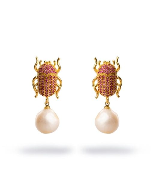 Ebru Jewelry Metallic Egyptian Scarab Ruby & Pearl Dangle Mystic Earrings