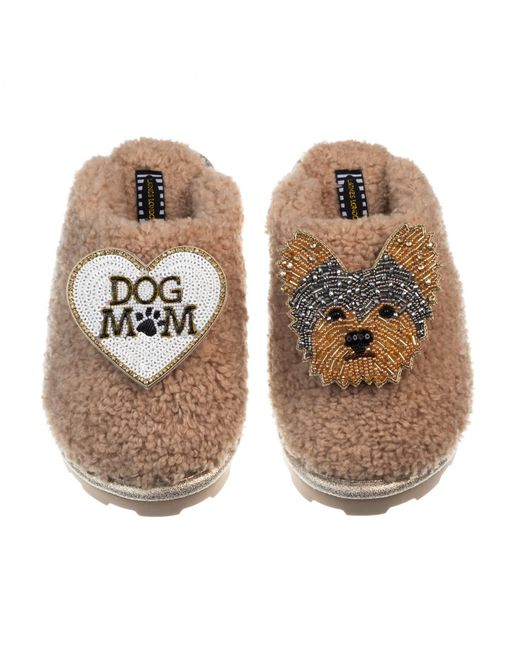 Laines London Natural Teddy Closed Toe Slippers With Minnie The Yorkie & Dog Mum Mom Brooches