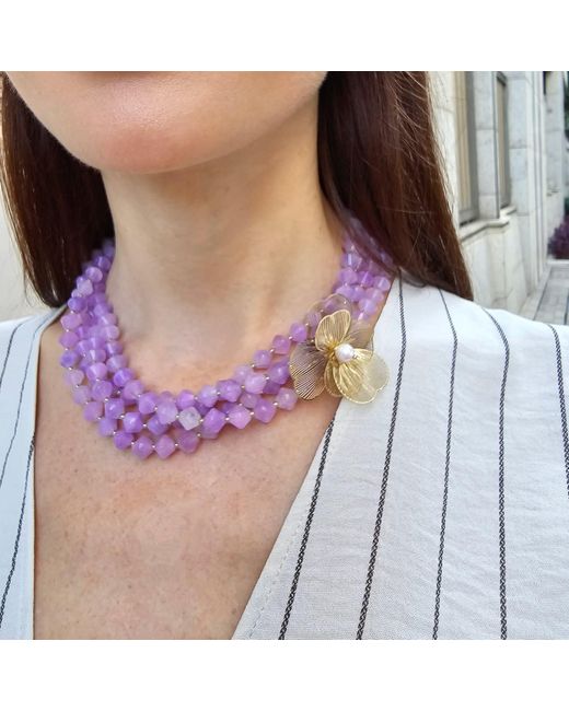 Farra Purple Multi-Layers Jade With Flower Charm Necklace