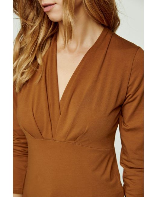 Conquista Brown Long Sleeve Chocolate Faux Wrap Top In Stretch Jersey Sustainable Fabric
