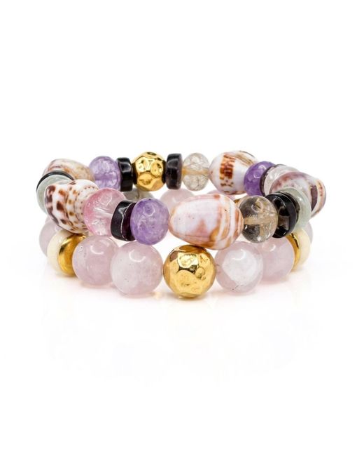 Jaredjamin Pink Iris Gemstone & Marine Shell Bracelet Set